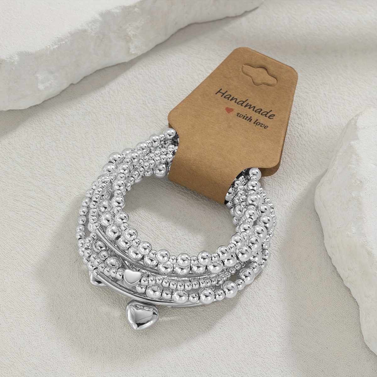 8pc Silvery Beaded Heart Pendant Multi-layered Stackable Bracelet Set